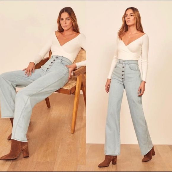 Reformation Denim - Reformation 26 Olive Wide Leg High Waist Palawan Light Blue Wash Jeans
